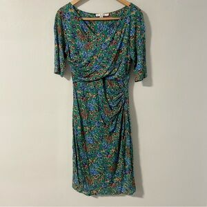 Boden Rita Ruched Tencel Shift Dress‎ 8P Green Colorful Floral Half Sleeve